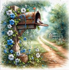 a painting of a mailbox with blue flowers growing out of it's side