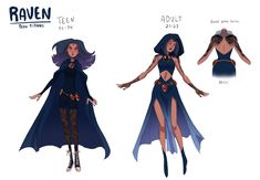 the concept art for raven's new costume is shown in three different poses and looks like