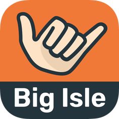 the big isle logo on an orange and black square with a hand pointing at it