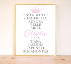 a pink and white poster with the words snow white, cinderella, aurora, ariel, flavia, ella, tiana, jasmine, rapunzel, rapponie, pocafonza, pocahontas