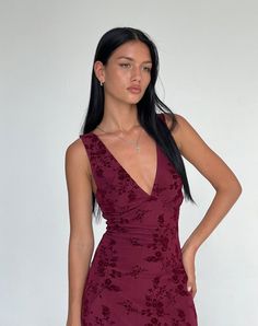 Gcse Moodboard, Thick Strap Dress, Maroon Homecoming Dress, Maroon Midi Dress, Fall Midi, Botanical Flowers Print, Dark Red Dresses, Clothes Autumn, Dress Maroon