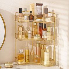 a bathroom shelf filled with lots of beauty products