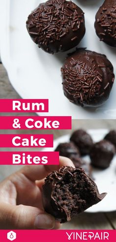 a hand holding a chocolate cookie with the words rum & coke cake bites above it