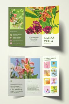 an open brochure with flowers on the front and back cover, in bright colors