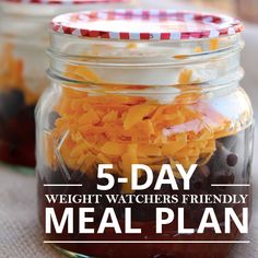 five day weight watchers friendly meal plan in a glass jar on a table with text overlay