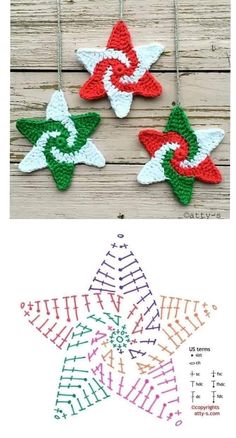 three crocheted stars with different designs on them, one is green and the other is red