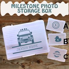 the personalized photo storage box is shown with three different labels and two plastic containers