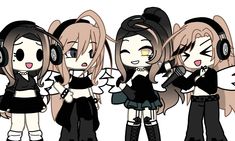 four cartoon girls with headphones on and one girl singing into a microphone while the other is listening to music