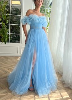 Skye Tulle Fantasy Gown | Teuta Matoshi Off-shoulder Tulle Ball Gown With Fitted Bodice, Light Blue Tulle Gown For Gala, Off-shoulder Tulle Gown With Fitted Bodice, Off-shoulder Tulle Gown For Formal Occasions, Fitted Off-shoulder Gown For Debutante Ball, Blue Off-shoulder Ball Gown For Prom, Off-shoulder Tulle Ball Gown For Formal Occasions, Off-shoulder Tulle Dress For Debutante Ball, Off-shoulder Tulle Evening Dress For Debutante Ball