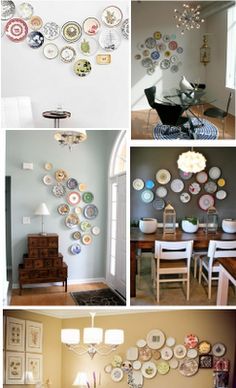 a collage of photos with plates on the wall and in the dining room area