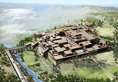 an artist's rendering of a large building in the middle of a mountain range