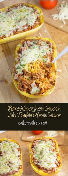 baked spaghetti casserole with tomato and meat sauces on a wooden cutting board