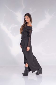 "Black Maxi Dress, Goth Dress, Plus Size Clothing ♛ All of Rosche's pieces are created with the sole purpose that YOU feel beautiful! Enjoy unique details in combination with high-quality materials every day and make an statement every place you go! ♛ A dress made of thick, elegant knitwear, fitted at the top, Sleeves narrow, tulle, long to wrinkle, stripped down, asymmetrical bottom, narrow at the bottom of the width of the step colors to be negotiated length approx. 135 cm, ♛ Perfect for every Black Formal Dress With Asymmetrical Skirt, Black Asymmetrical Evening Dress For Wedding, Black Asymmetrical Dress For Formal Occasions, Black Formal Midi Dress With Asymmetrical Skirt, Formal Black Midi Dress With Asymmetrical Skirt, Elegant Black Dress With Asymmetrical Skirt, Black Midi Dress With Asymmetrical Skirt For Formal Occasions, Black Dress With Asymmetrical Neckline For Wedding, Black Maxi Dress With Asymmetrical Neckline For Wedding