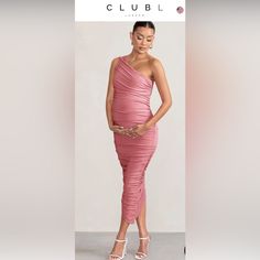 Club L London - Blush Pink Maternity Ruched One Shoulder Midi Dress Pink Ruched Maternity Dress, Spring Party Maternity Dress With Ruched Details, Club L London, Dresses Club, One Shoulder Midi Dress, London Dresses, Size 8 Dress, Club Dresses, Blush Pink