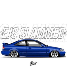 an image of a blue car with the words e38 slammed on it