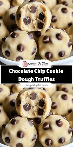 chocolate chip cookie dough truffles stacked on top of each other in a white bowl