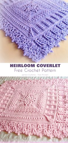 two pictures with different colors of crocheted afghans and the text, heir coverlet free crochet pattern