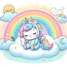 a cute little unicorn sitting on top of a cloud with a rainbow in the background