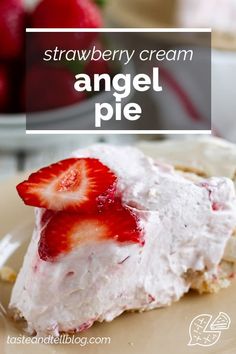 a piece of strawberry cream angel pie on a plate