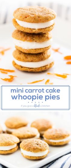 mini carrot cake whoopie pies stacked on top of each other with the title