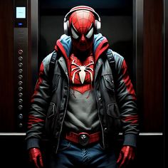 a man with headphones on wearing a spider - man costume in front of an elevator