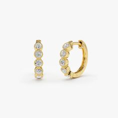 14K Gold Bezel Setting Diamond Huggie Earrings – FERKOS FJ Diamond Huggie Earrings, Jewelry Safe, Huggie Earrings, Blue Zircon, Huggies Earrings, Diamond Gemstone, Gold Yellow, Long Earrings, Bezel Setting