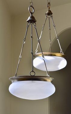 two lights hanging from the ceiling in a room