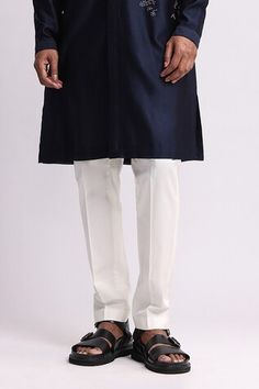 Navy chanderi kurta with thread placement embroidery. Comes with pant. - Aza Fashions Traditional Designer Pants With Gota Work, Designer Embroidered Straight Pants, Eid Traditional Straight Pants With Zari Work, Traditional Straight Pants With Zari Work, Designer Kurta For Diwali With Straight Pants, Designer Chanderi Bottoms For Eid, Blue Sherwani With Gota Work, Designer Traditional Drape Bottoms For Eid, Traditional Wedding Pants With Embroidered Border