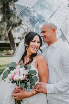 a bride and groom standing under an umbrella