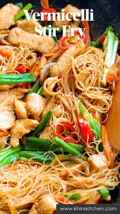 chicken and vermiceli stir fry in a wok