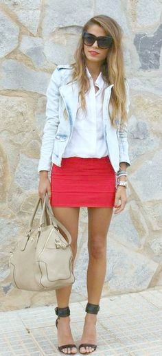 Chambray Jacket + Red Mini Bandage Skirt Outfit, Trendy Night Out Outfits, Date Night Outfit Classy, Top Summer Outfits, Girls Night Out Outfits, Red Mini Skirt, Red Skirt, Night Out Outfit, Red Skirts