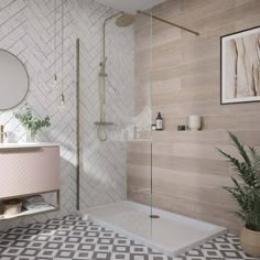 a bathroom with tiled floors and walls, including a walk in shower next to a sink