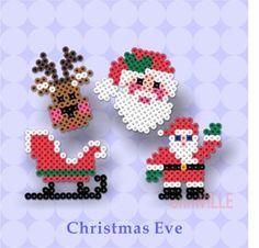 three santa claus and reindeer brooches are shown in different colors, sizes and shapes