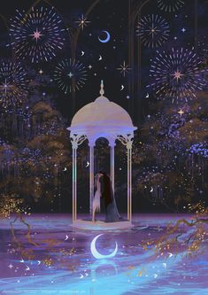 a couple kissing under a gazebo surrounded by fireworks