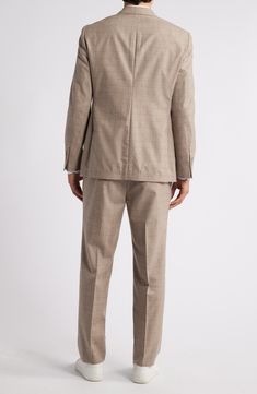 An exceptionally soft blend of wool and cashmere woven in a pale, neutral plaid distinguishes a suit that's styled for wardrobe-staple versatility with traditional notched lapels and flat-front trousers. Jacket has notched lapels; four-button cuffs; chest pocket; patch pockets; side vents Trousers have zip fly; flat friont; slant pockets; back button-welt pockets Jacket is partially lined, with taped seams Trousers are unhemmed 90% wool, 10% cashmere Dry clean Made in Canada Timeless Beige Wool Suits, Beige Double Breasted Suit For Business Casual, Classic Beige Suit With Concealed Placket, Classic Beige Suits With Concealed Placket, Tailored Beige Tweed Jacket For Business, Beige Notch Lapel Three-piece Suit For Work, Beige Wool Suits For Business Casual, Timeless Beige Suits With Pressed Crease, Beige Three-piece Suit With Notch Lapel For Work