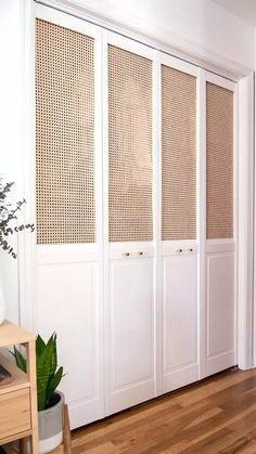 a room with white walls and wooden flooring next to a plant in a pot