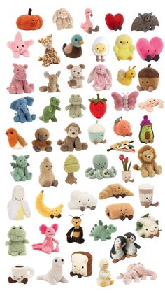 an assortment of stuffed animals on a white background