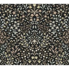 an intricately designed wallpaper with flowers and leaves in black, brown, blue, beige