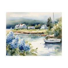 a watercolor painting of a boat on the river with houses and trees in the background