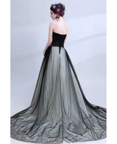 Buy Unique Strapless Black Long Prom Dress Ball Gown With Grey Lace  at wholesale price online. Free shipping and pro custom service since 2009. Black Tulle Gown, Tulle Formal Dress, Prom Dress Strapless, Black Wedding Dress Gothic, Formal Prom Dresses Long, Cheap Gowns, Gothic Wedding Dress, Tulle Evening Dress, Lace Ball Gowns