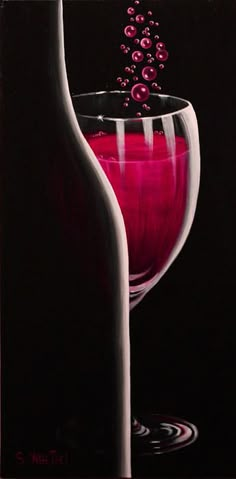 a painting of a wine glass and bottle with bubbles coming out of the top, on a black background