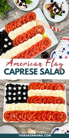 american flag caprese salad with tomatoes and black olives in the middle on a plate