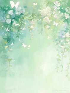 a painting of flowers and leaves on a light green background with white butterflies in the sky