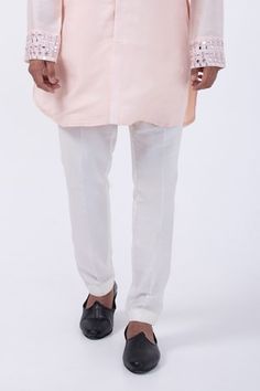 Peach kurta with mirror embellished patterns on placket. Comes with pyjama. - Aza Fashions Festive Cotton Kurta With Embroidered Cuffs, Men Kurta, Mens Pajamas, Mandarin Collar, Aza Fashion, Pajamas, Mirror, Silk, For Men