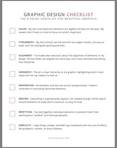 the graphic design checklist is shown in red and white, with text on it