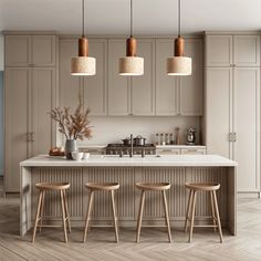 a kitchen with three stools in front of an island and four lights hanging from the ceiling