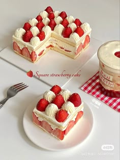 two slices of cake with strawberries on top