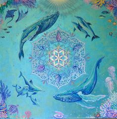 a painting of dolphins and other animals in the ocean with a flower of life on it