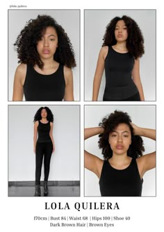 four different pictures of a woman with curly hair and black clothing, all showing the same hairstyle