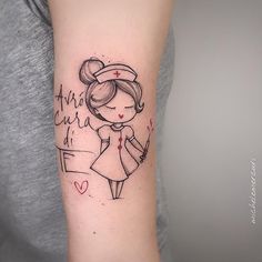 a girl with a nurse's cap on her head is shown in this tattoo